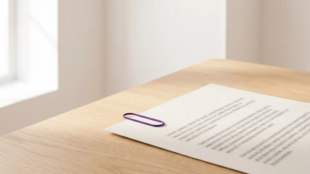Bedrucktes Blatt mit lila Büroklammer auf einem Holztisch, Symbol für das Angebotsmuster für Handwerker