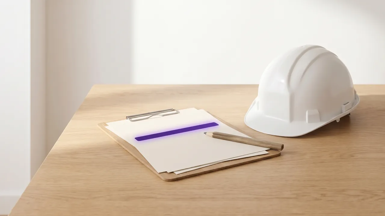 Klemmbrett mit Auftragszetteln, Bleistift und weißer Bauhelm auf einem Holztisch, Symbol für Aufträge finden als Handwerker
