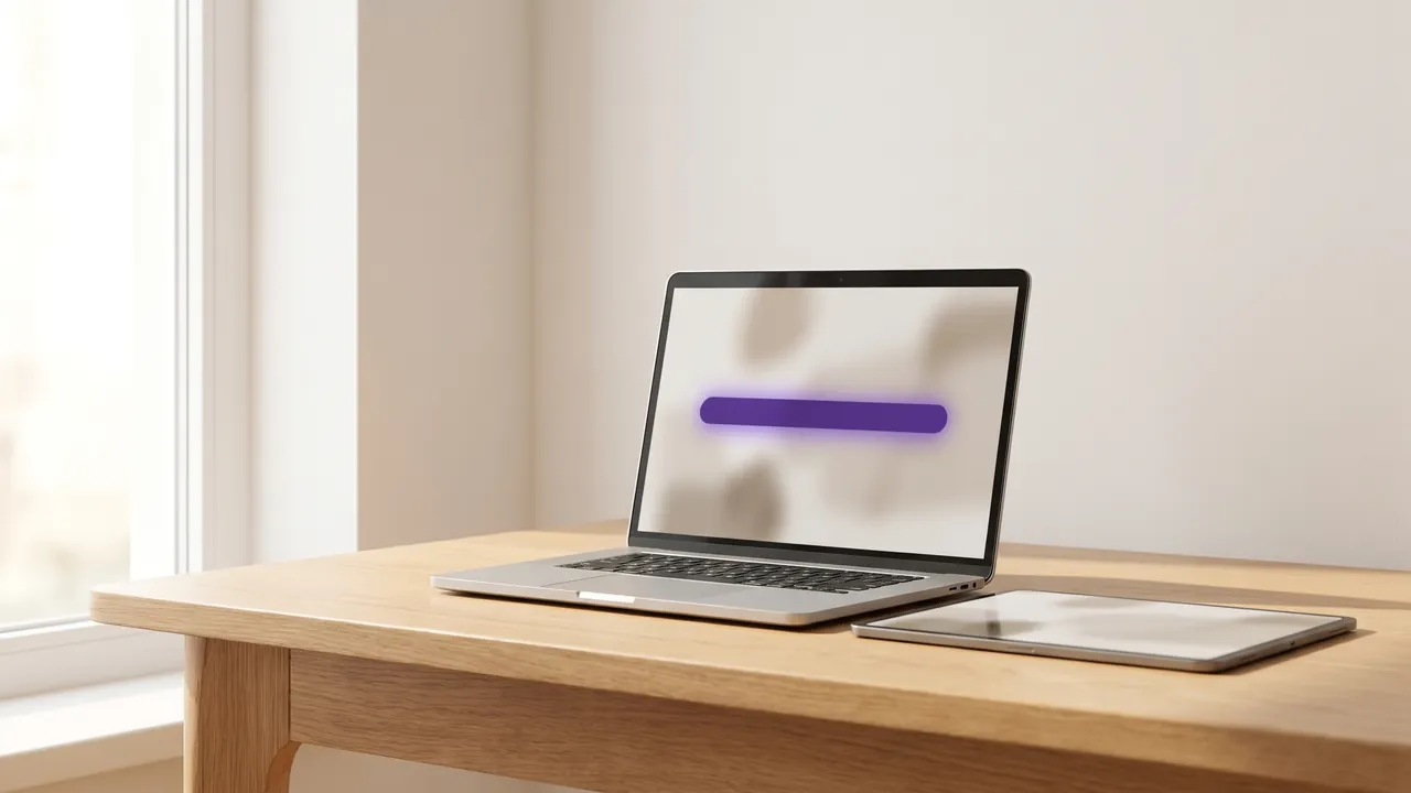 Laptop und Tablet auf einem Holztisch, auf dem Bildschirm ein lila Balken, Symbol für Handwerkersoftware