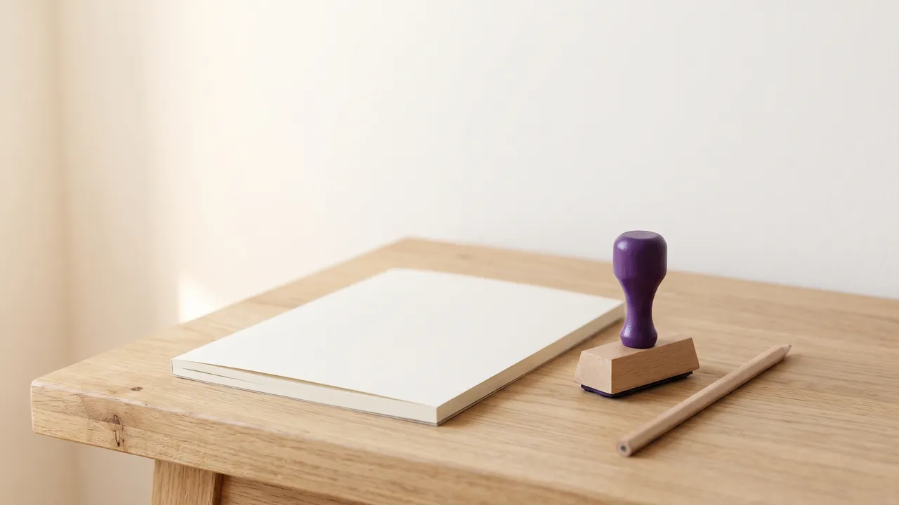 Unbeschriebener Block, Stempel mit lila Griff und Bleistift auf einem Holztisch, Symbol für die Handwerkerrechnung