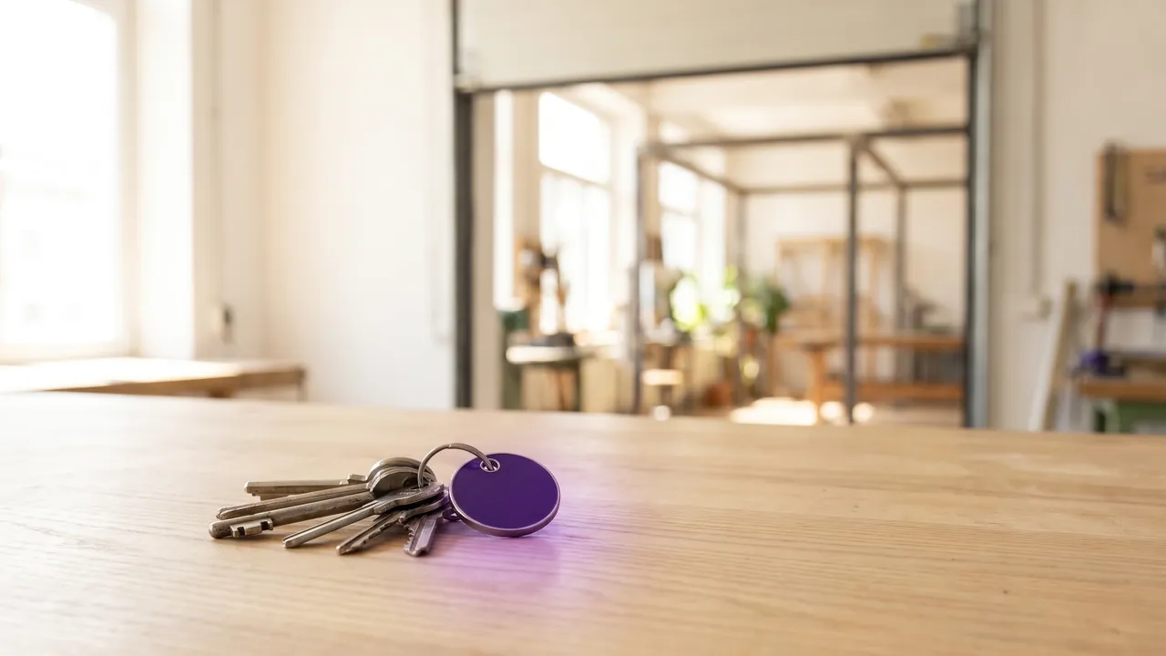 Schlüsselbund mit lila Anhänger auf einem Holztisch, im Hintergrund eine helle Werkstatt, Symbol für die Übernahme eines Handwerksbetriebs