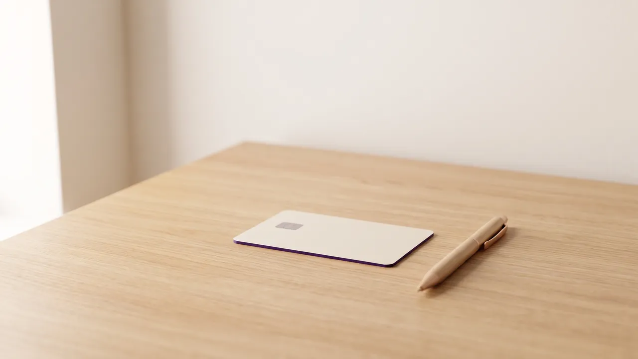 Unbeschriftete Karte mit lila Rand und Stift auf einem Holztisch, Symbol für das Beantragen der Handwerkskarte