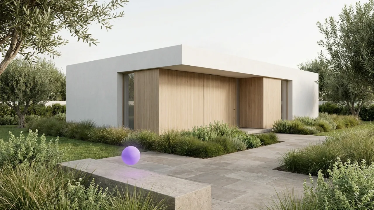 ein saniertes Altbau-Mehrfamilienhaus mit schwebendem lila Lichtpunkt, Symbol für KI im Immobilienbüro