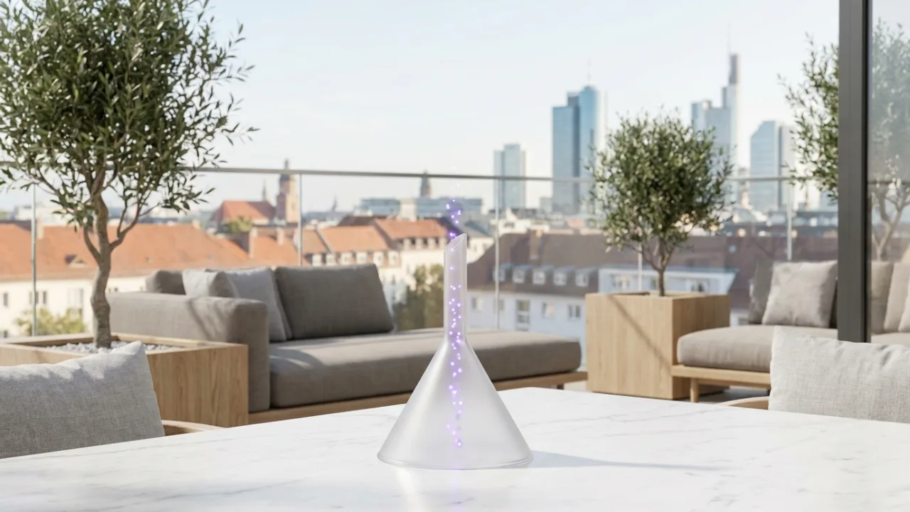 Trichter aus Milchglas mit leuchtenden Punkten, Symbol für Lead-Generierung für Immobilienmakler
