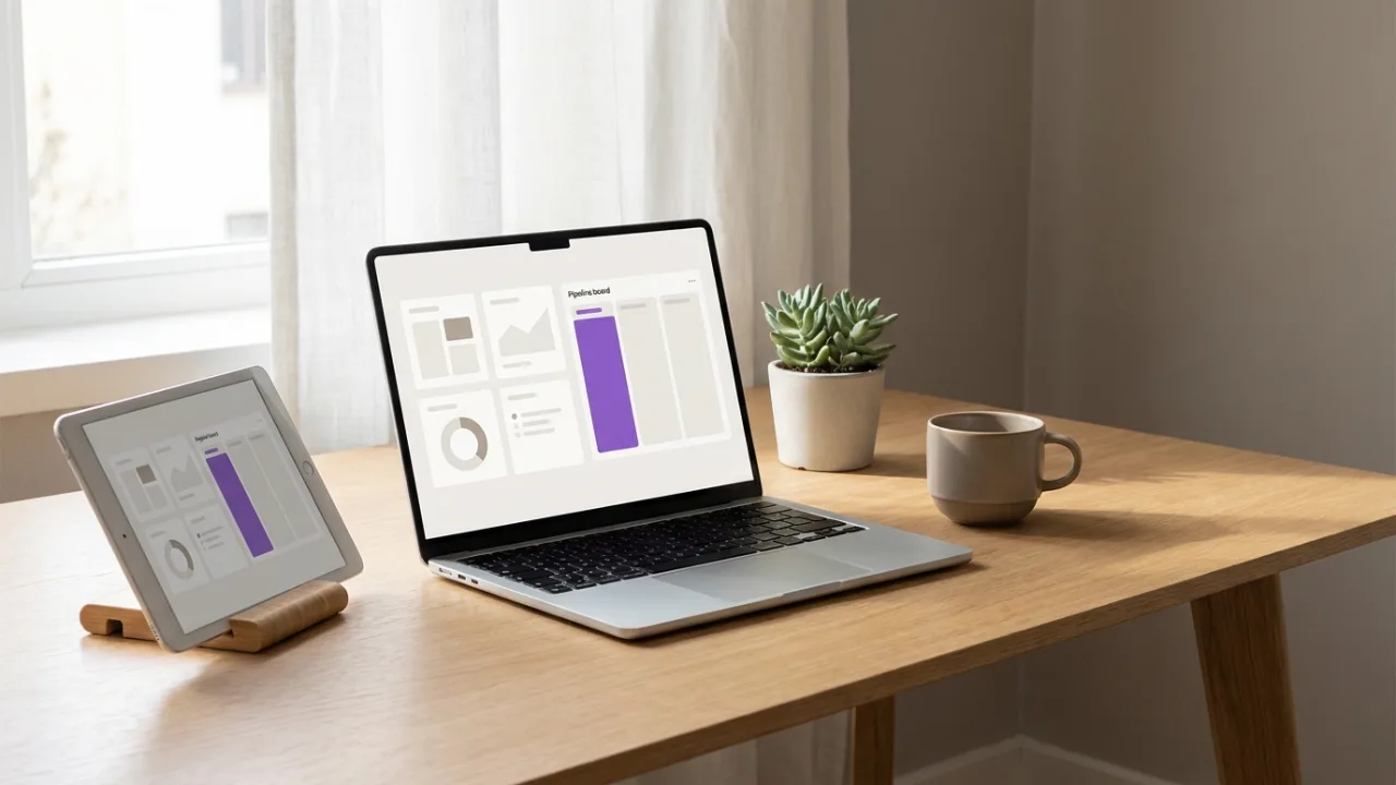 Laptop und Tablet mit abstraktem Dashboard und Pipeline-Ansicht, Symbol für Makler-Software und CRM