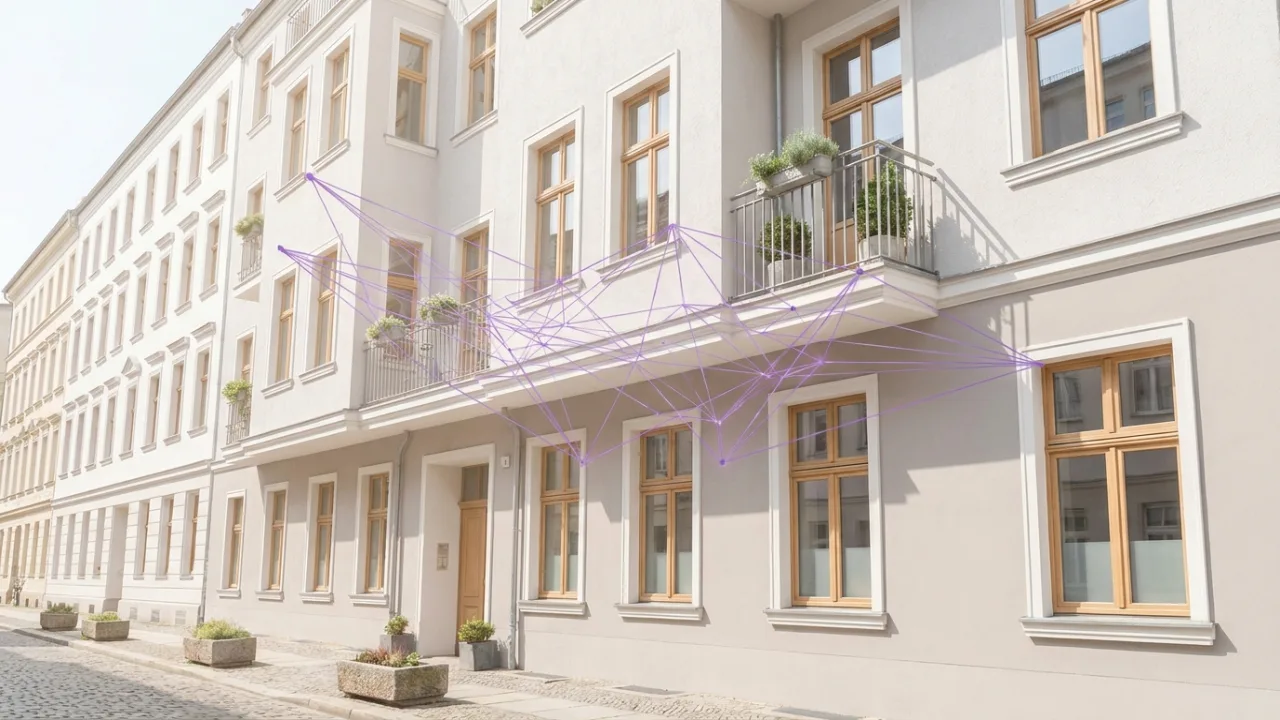 Modernes Haus mit schwebendem Netzwerk aus Linien und Knoten, Symbol für die Digitalisierung der Immobilienbranche