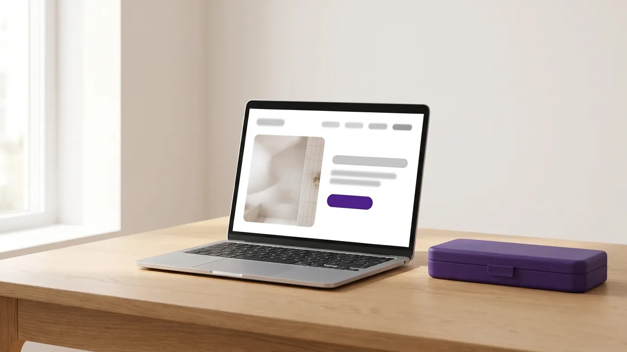Laptop mit einer schlichten Website neben einem lila Werkzeugkoffer, Symbol für die Homepage für Handwerker