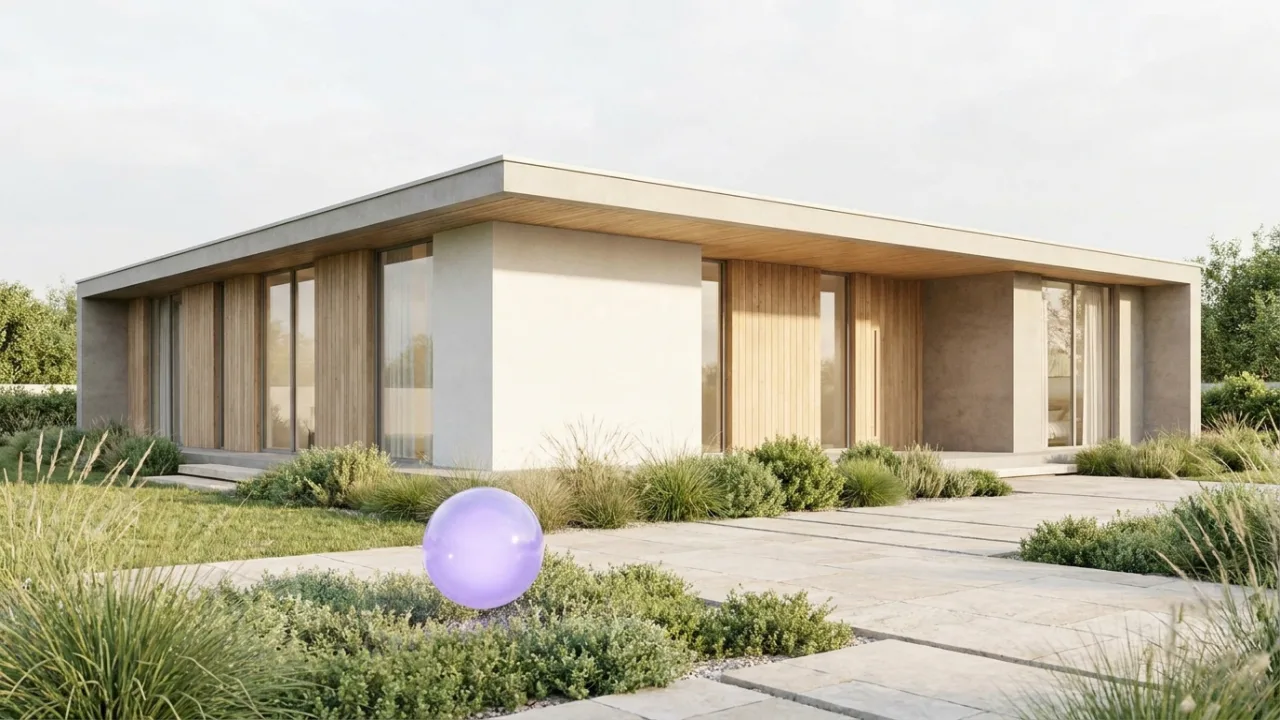 ein saniertes Altbau-Mehrfamilienhaus mit schwebendem lila Lichtpunkt, Symbol für KI im Immobilienbüro