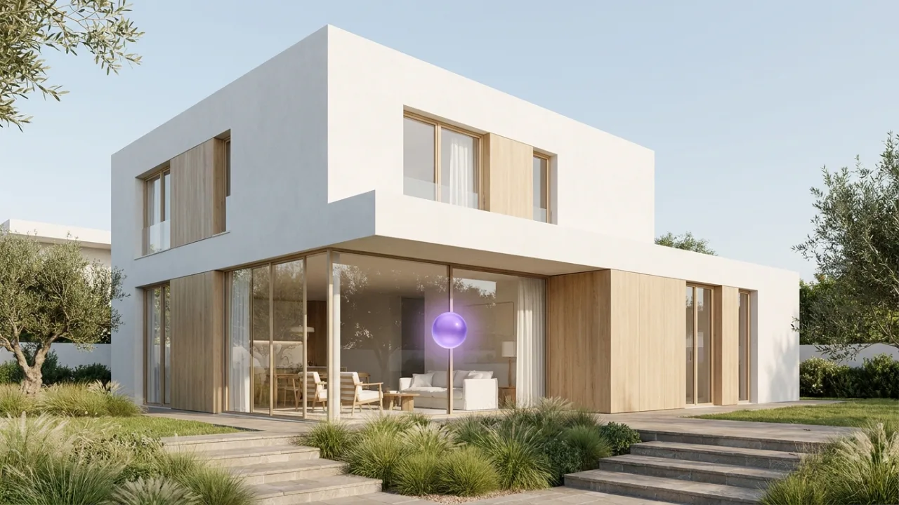 eine Villa aus Holz und Glas mit schwebendem lila Lichtpunkt, Symbol für KI im Immobilienbüro