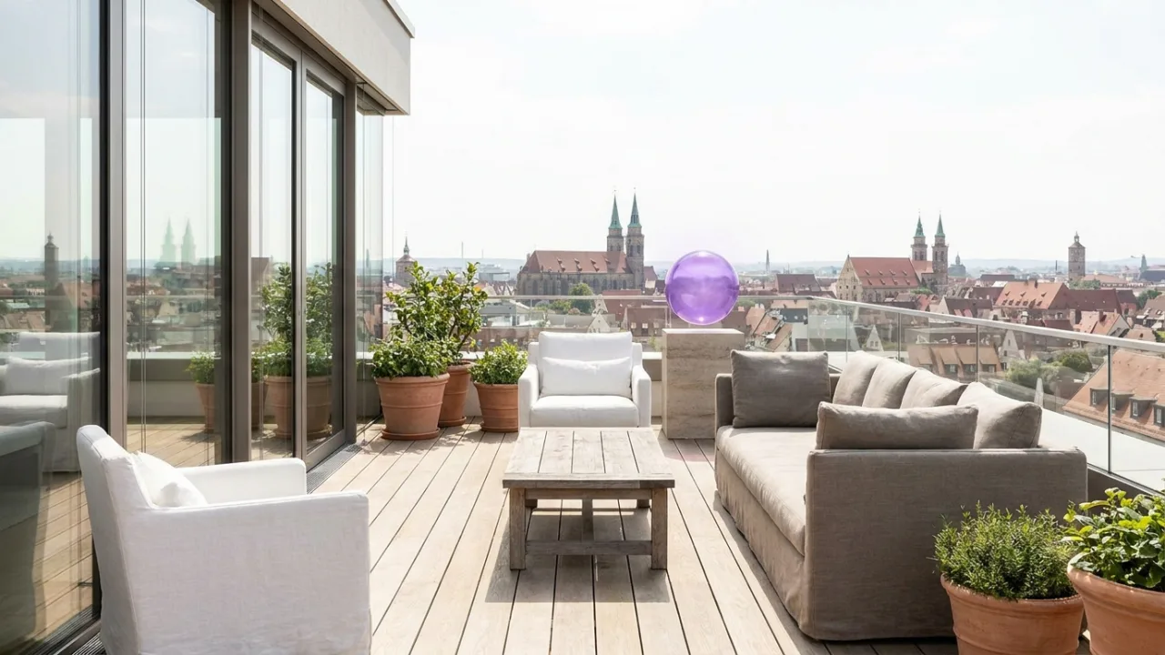 ein Flachdach-Bungalow mit Garten mit schwebendem lila Lichtpunkt, Symbol für KI im Immobilienbüro