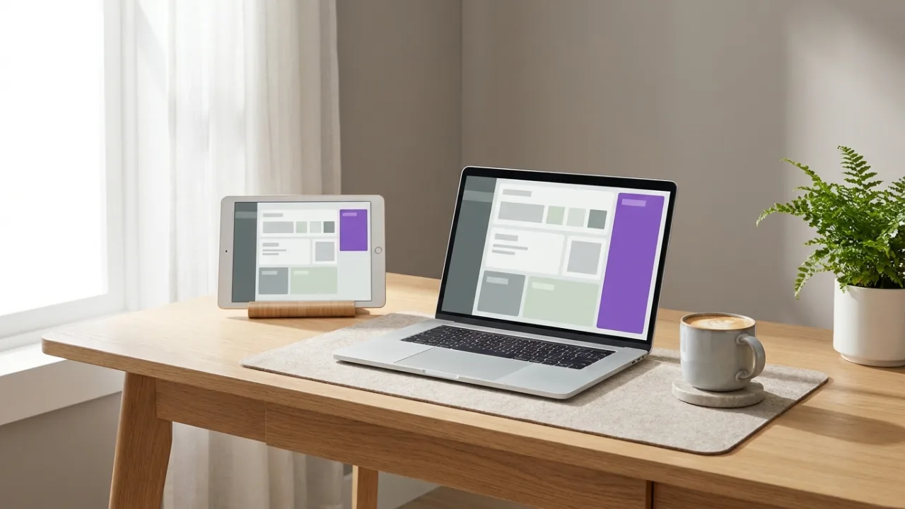 Laptop und Tablet mit abstraktem Dashboard und Pipeline-Ansicht, Symbol für Makler-Software und CRM