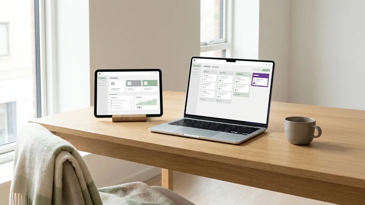 Laptop und Tablet mit abstraktem Dashboard und Pipeline-Ansicht, Symbol für Makler-Software und CRM