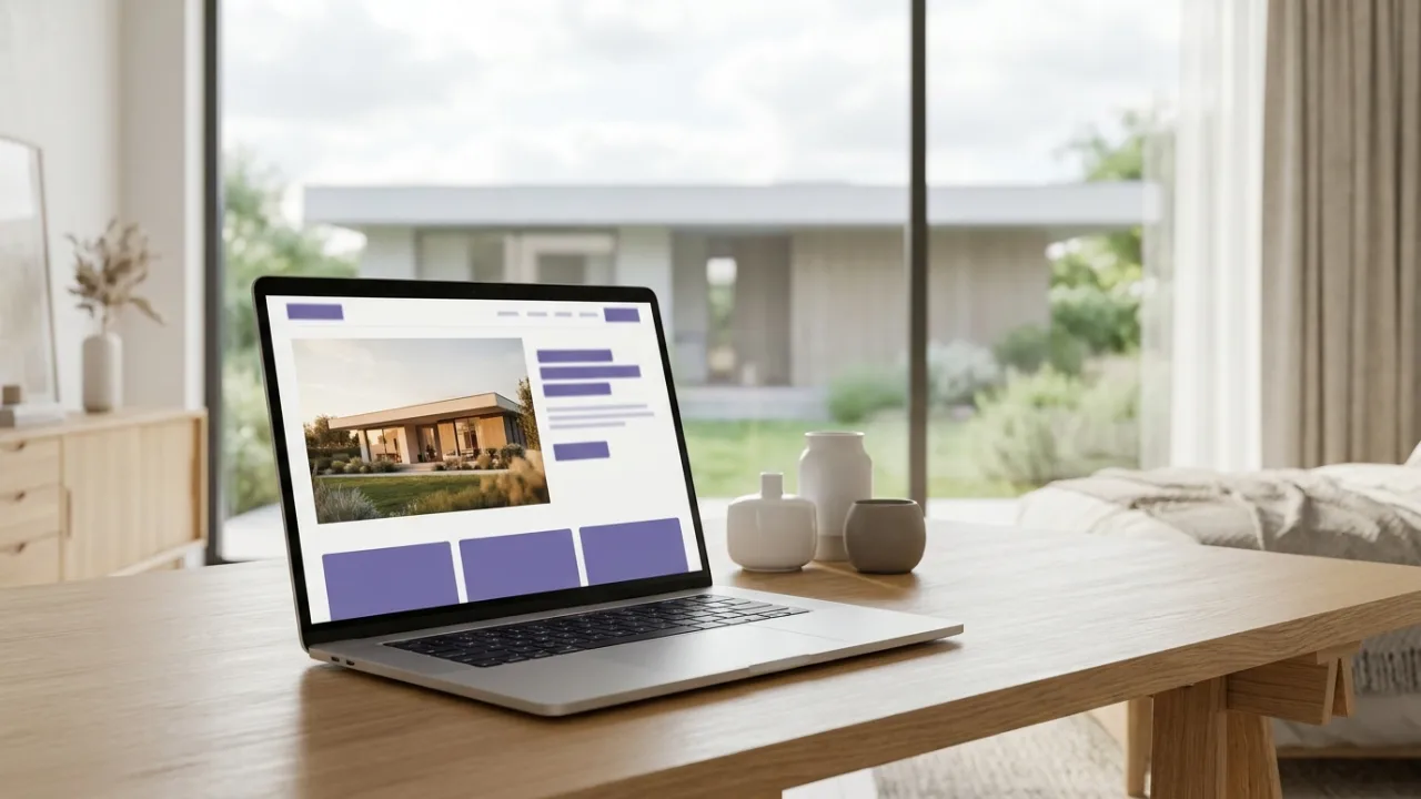 Laptop mit eleganter Immobilien-Website auf einem Schreibtisch, Symbol für Webseiten für Makler