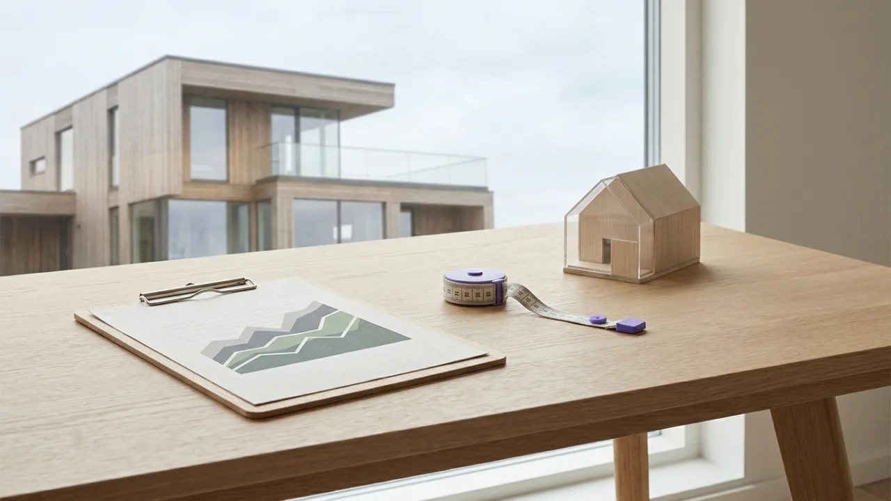 Klemmbrett mit Diagramm, Maßband und Modellhaus auf einem Schreibtisch, Symbol für Immobilienbewertung