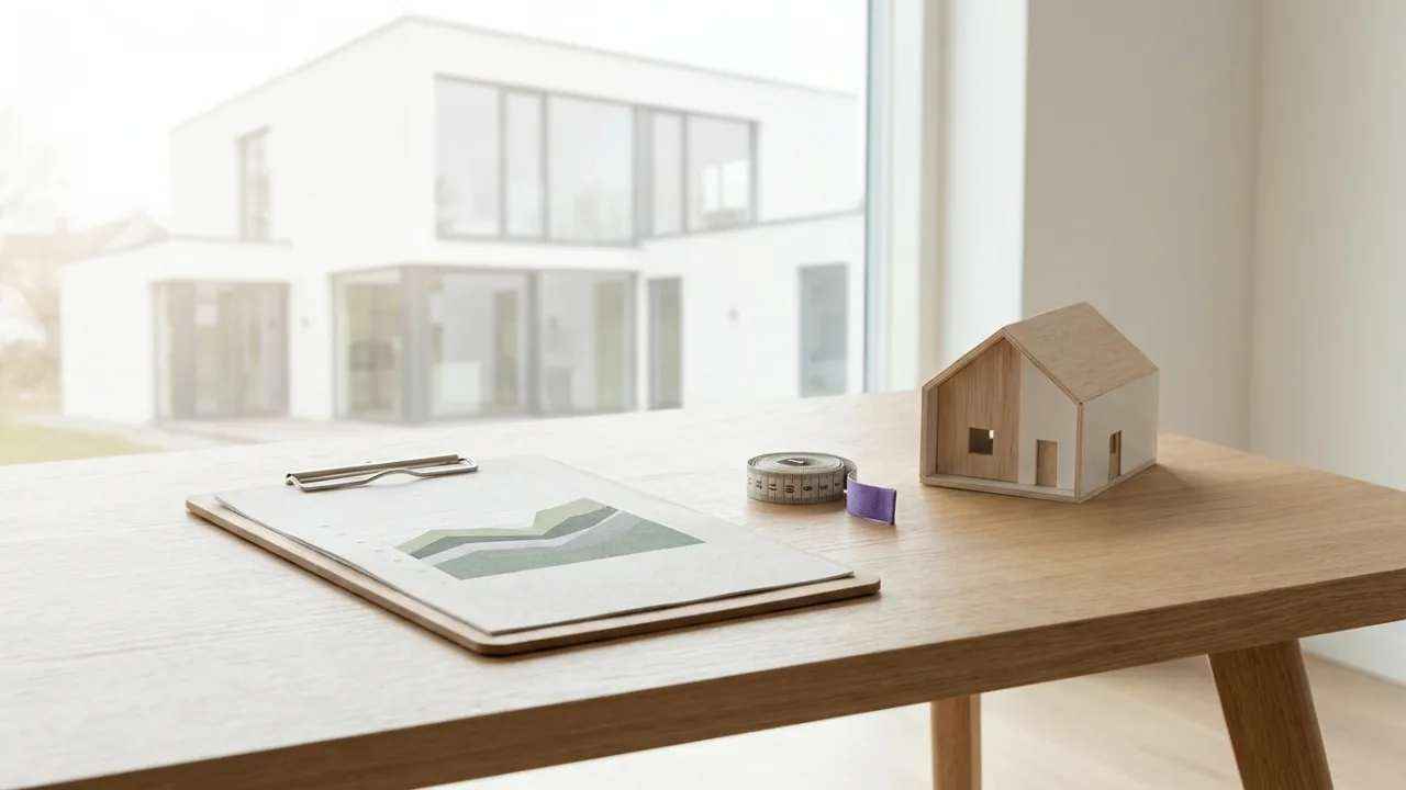Klemmbrett mit Diagramm, Maßband und Modellhaus auf einem Schreibtisch, Symbol für Immobilienbewertung