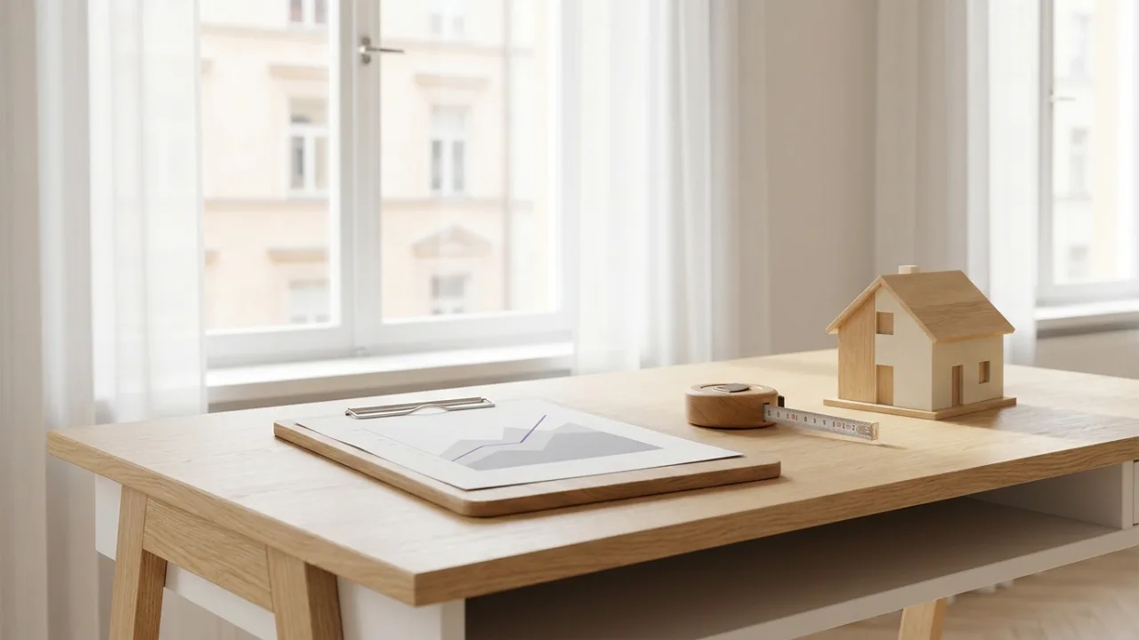 Klemmbrett mit Diagramm, Maßband und Modellhaus auf einem Schreibtisch, Symbol für Immobilienbewertung