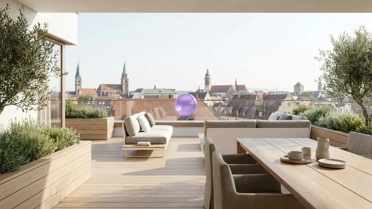 ein Flachdach-Bungalow mit Garten mit schwebendem lila Lichtpunkt, Symbol für KI im Immobilienbüro