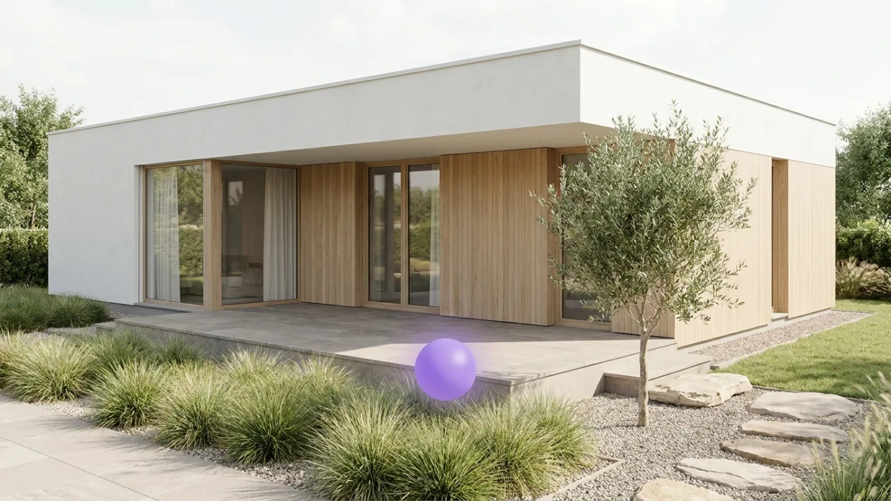 ein saniertes Altbau-Mehrfamilienhaus mit schwebendem lila Lichtpunkt, Symbol für KI im Immobilienbüro
