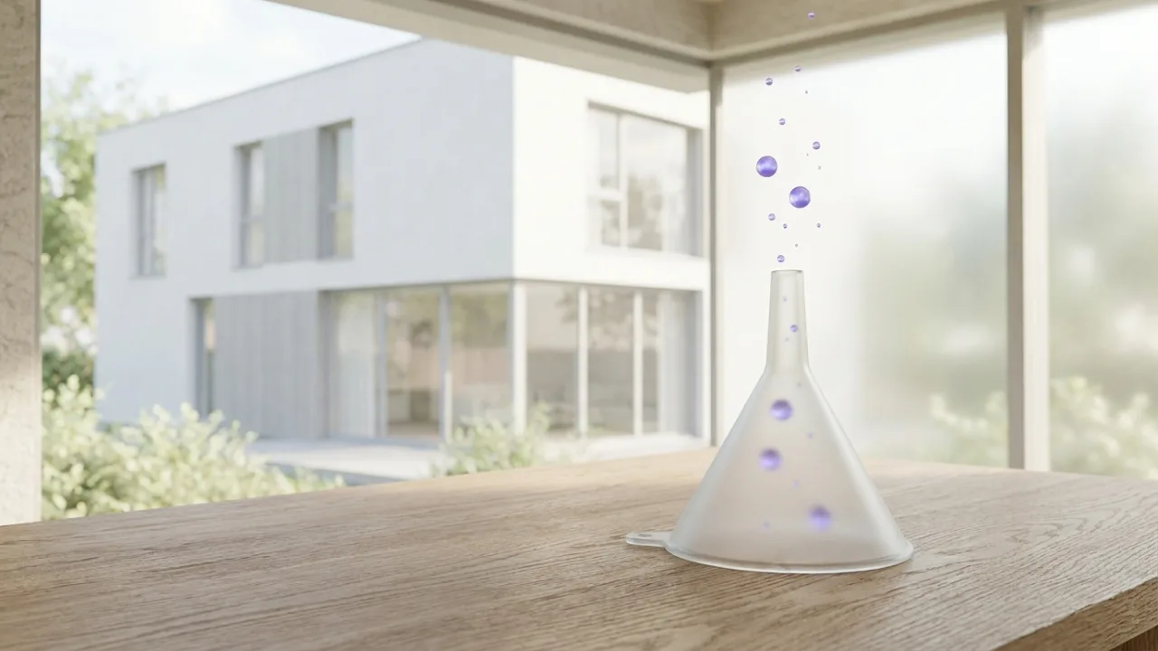 Trichter aus Milchglas mit leuchtenden Punkten, Symbol für Lead-Generierung für Immobilienmakler