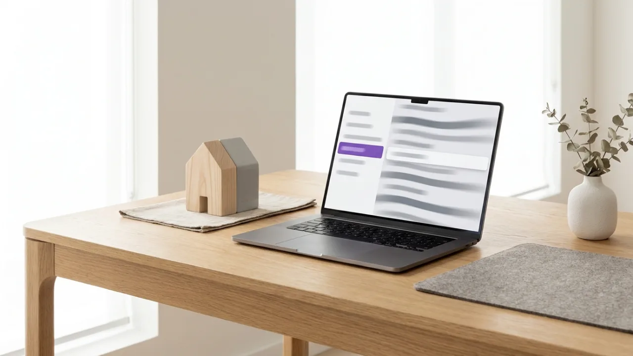 Laptop mit abstrakter Suchergebnisseite und hervorgehobenem Treffer, daneben ein Modellhaus, Symbol für SEO für Immobilienmakler