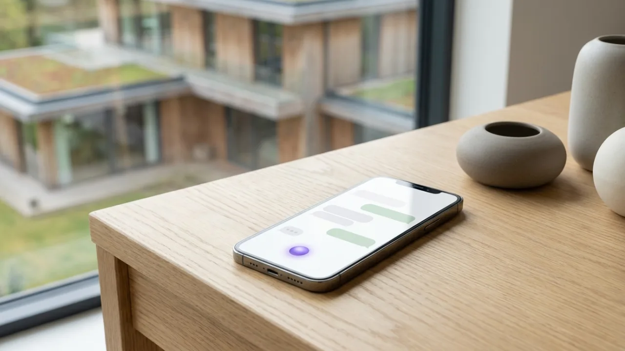 Smartphone mit KI-Chat auf einem Schreibtisch, im Hintergrund unscharf eine Villa aus Holz und Glas