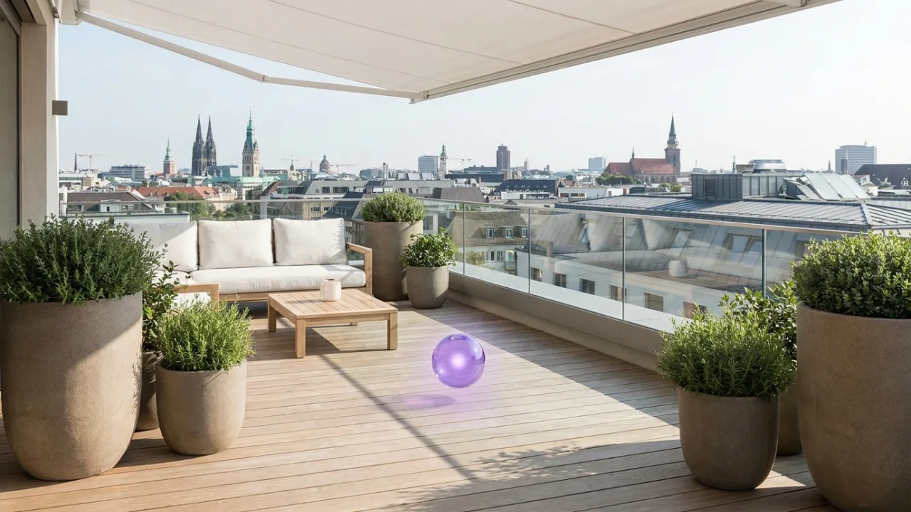 eine Penthouse-Terrasse über einer Stadt mit schwebendem lila Lichtpunkt, Symbol für KI im Immobilienbüro