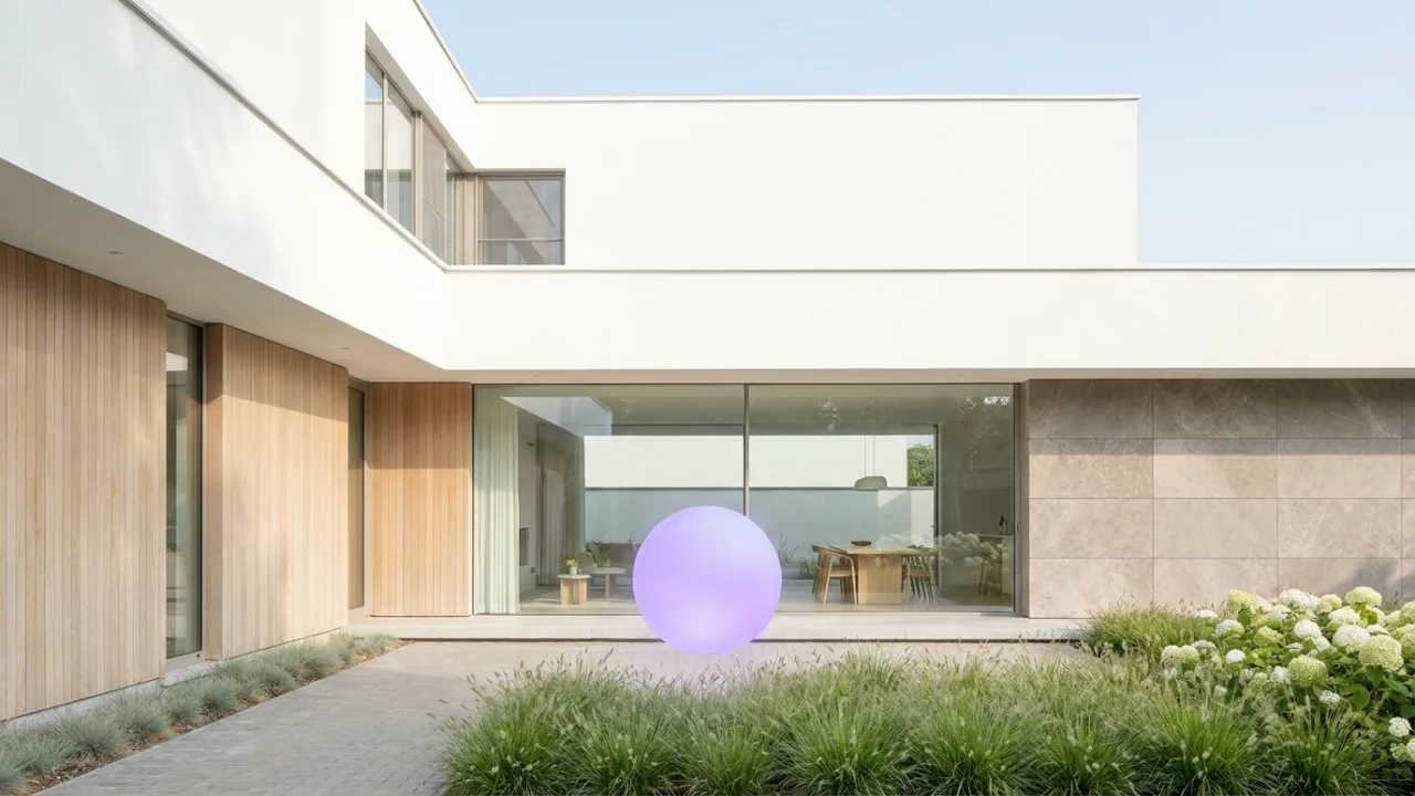 eine Villa aus Holz und Glas mit schwebendem lila Lichtpunkt, Symbol für KI im Immobilienbüro