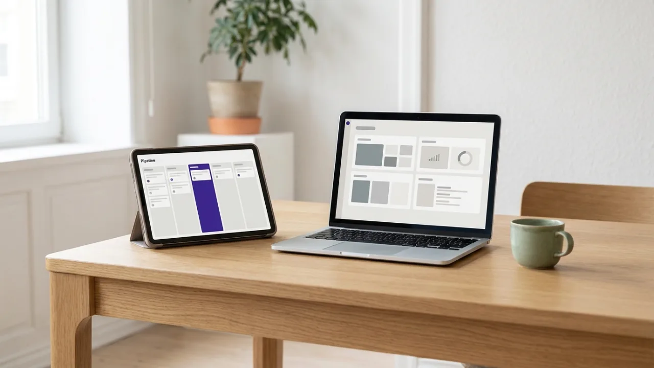 Laptop und Tablet mit abstraktem Dashboard und Pipeline-Ansicht, Symbol für Makler-Software und CRM