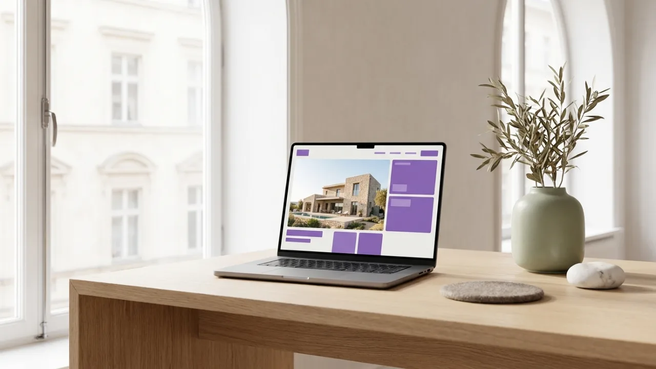 Laptop mit eleganter Immobilien-Website auf einem Schreibtisch, Symbol für Webseiten für Makler