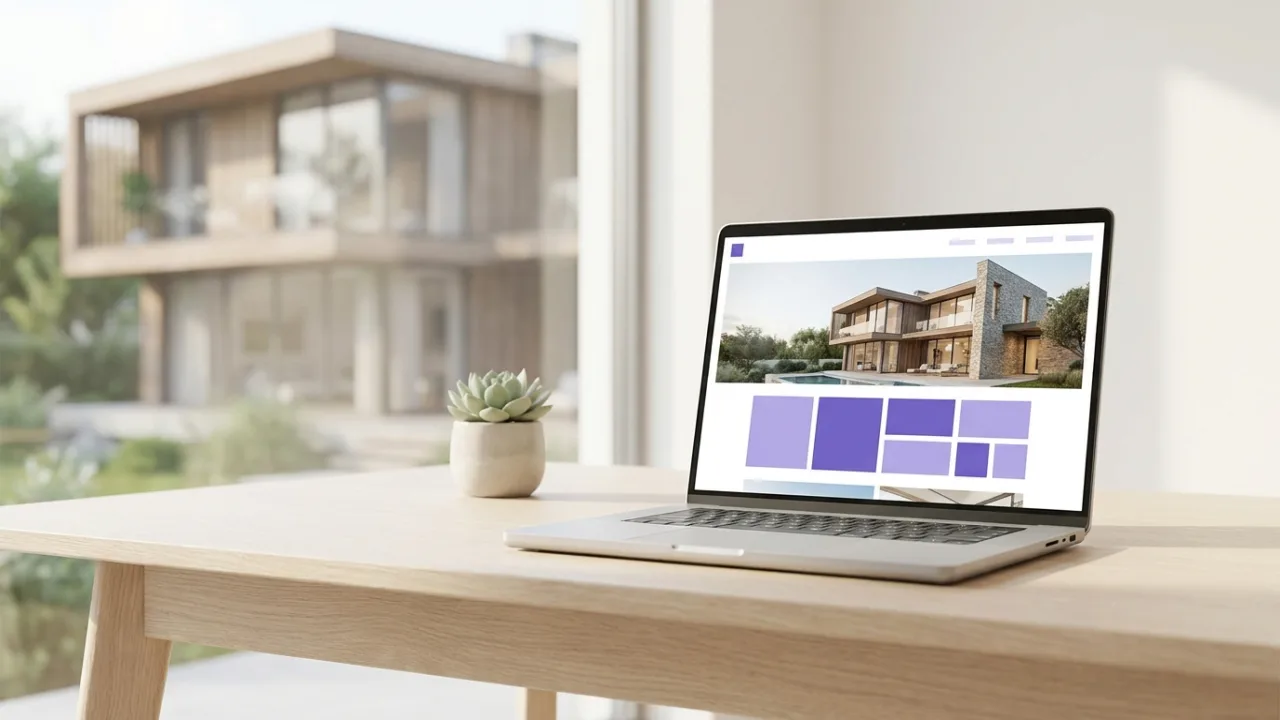 Laptop mit eleganter Immobilien-Website auf einem Schreibtisch, Symbol für Webseiten für Makler