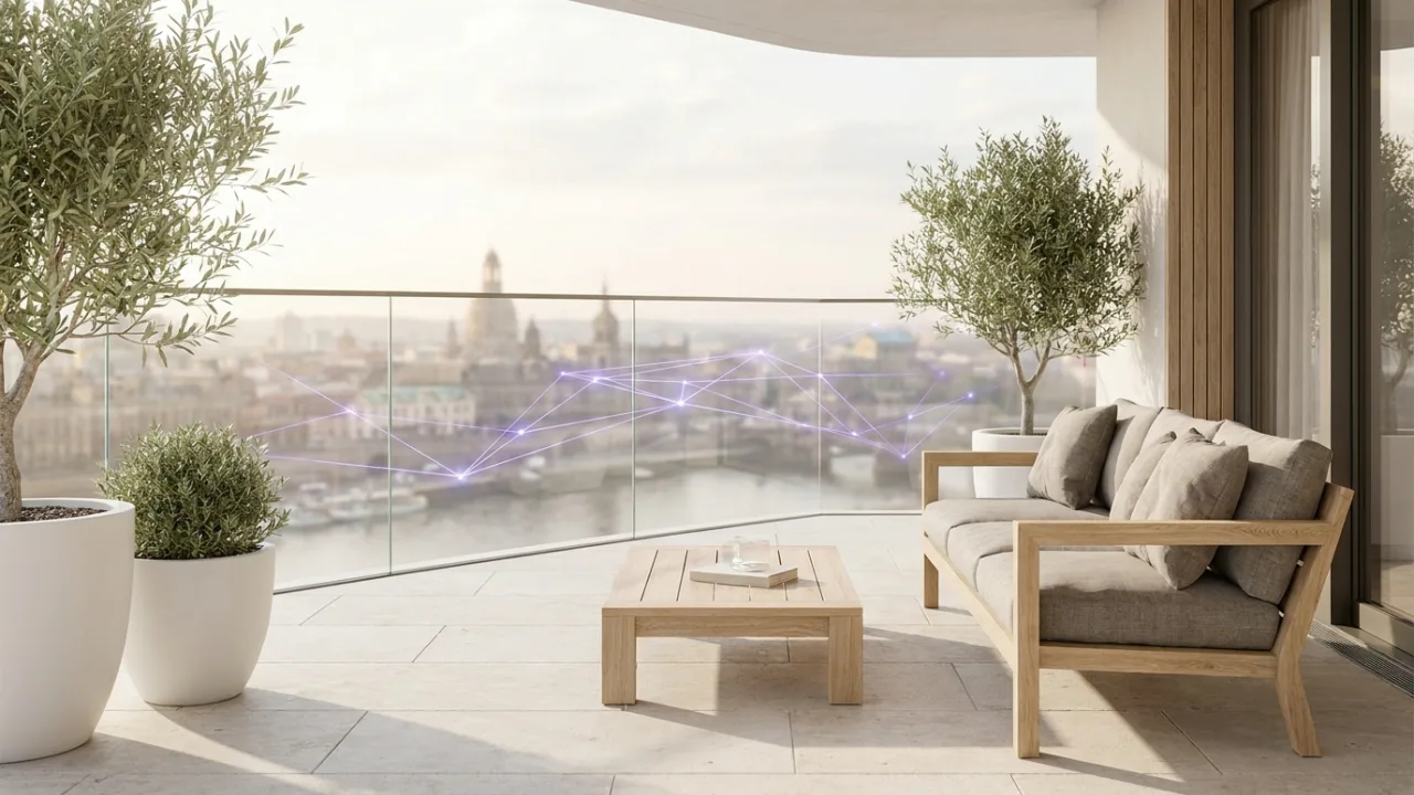 Modernes Haus mit schwebendem Netzwerk aus Linien und Knoten, Symbol für die Digitalisierung der Immobilienbranche