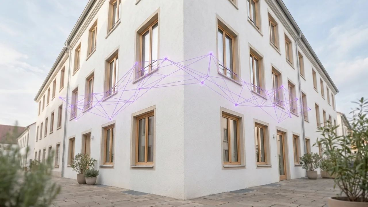 Modernes Haus mit schwebendem Netzwerk aus Linien und Knoten, Symbol für die Digitalisierung der Immobilienbranche