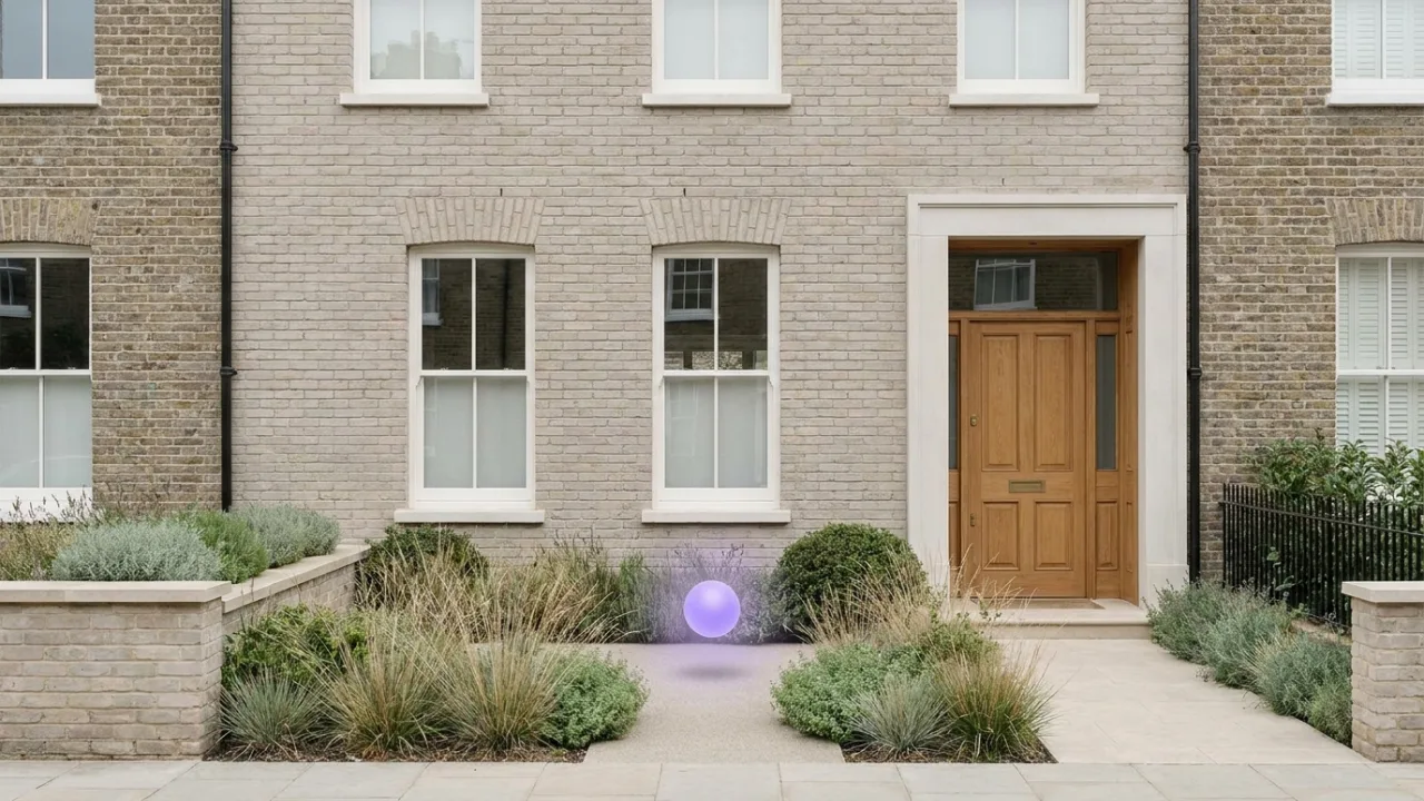 ein modernes weißes Einfamilienhaus mit schwebendem lila Lichtpunkt, Symbol für KI im Immobilienbüro