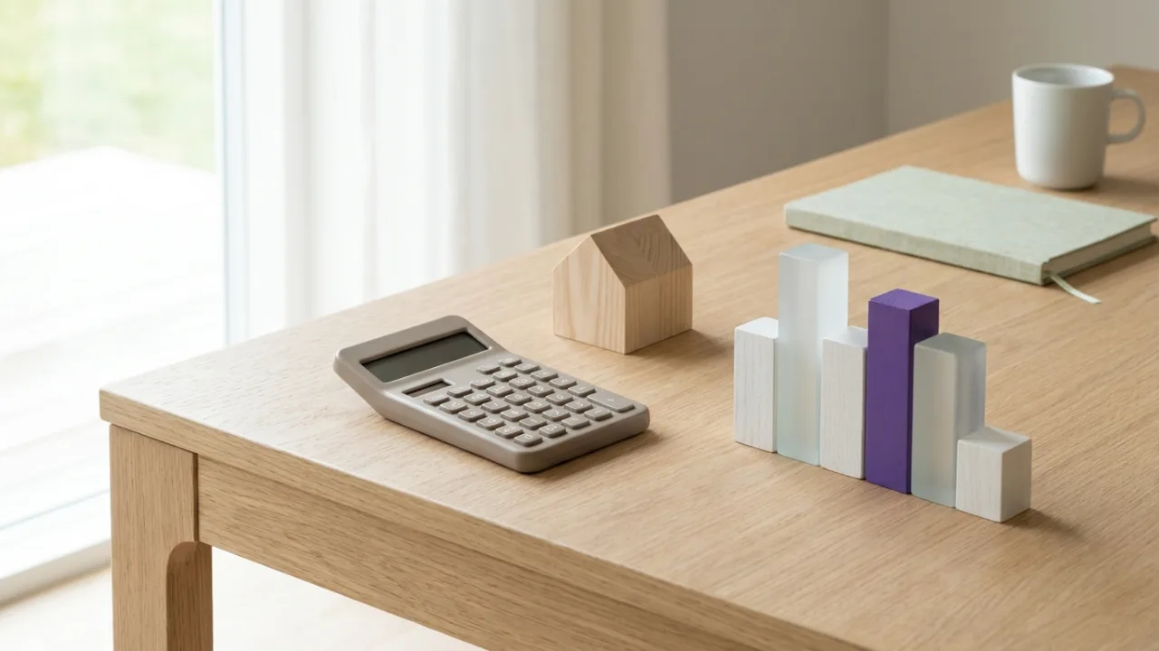 Taschenrechner, Modellhaus und Balkendiagramm, Symbol für Wirtschaftlichkeit im Maklerbüro