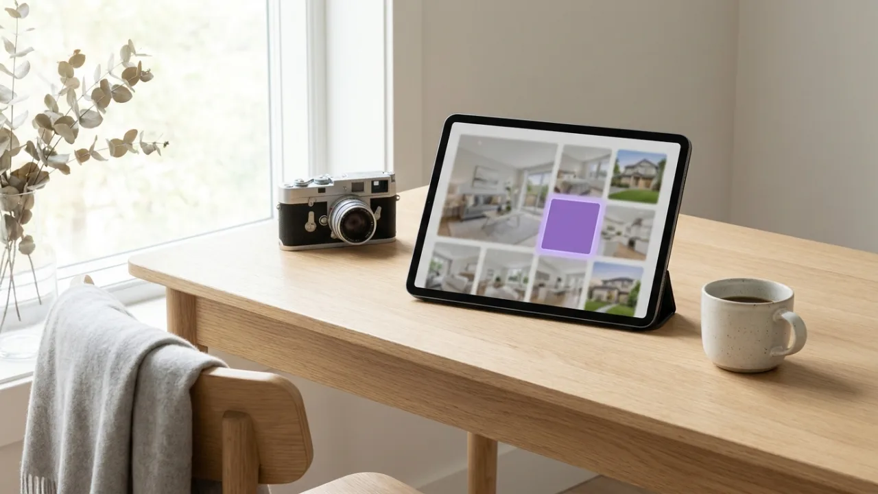 Tablet mit Bildraster von Immobilienfotos, Kamera und Kaffee, Symbol für Immobilienmarketing
