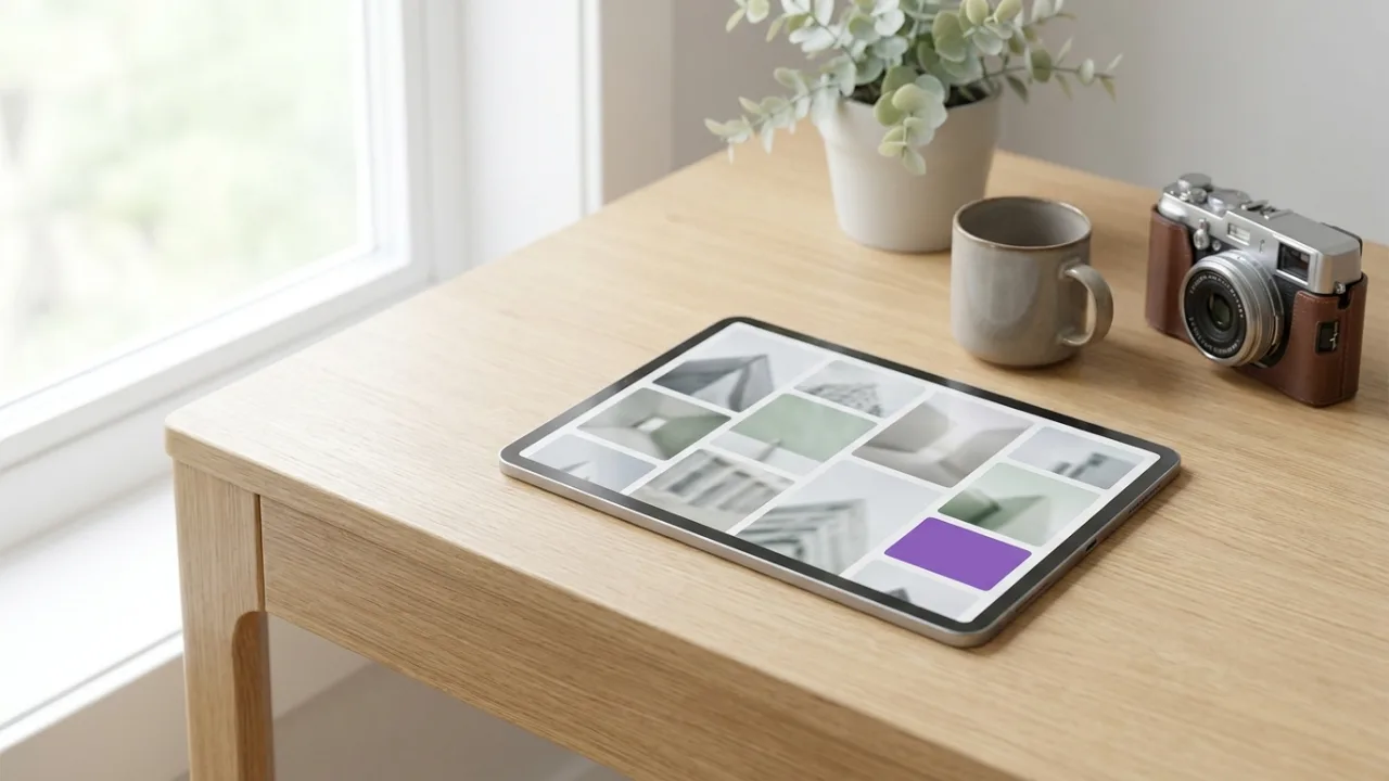 Tablet mit Bildraster von Immobilienfotos, Kamera und Kaffee, Symbol für Immobilienmarketing