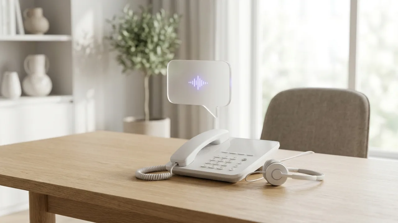 Telefon und Headset auf einem Schreibtisch mit schwebender Sprechblase, Symbol für KI-Telefonassistenz