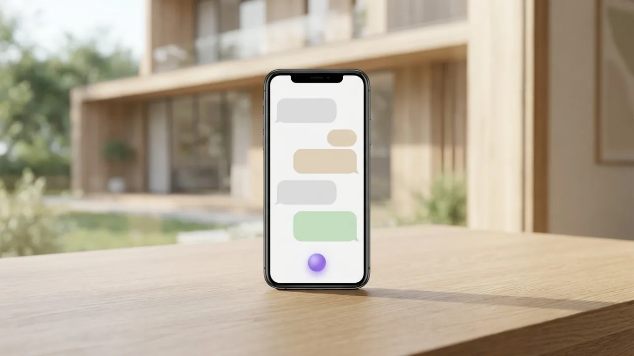 Smartphone mit KI-Chat auf einem Schreibtisch, im Hintergrund unscharf eine Villa aus Holz und Glas