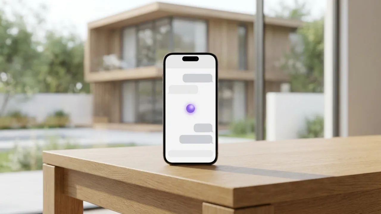 Smartphone mit KI-Chat auf einem Schreibtisch, im Hintergrund unscharf eine Villa aus Holz und Glas