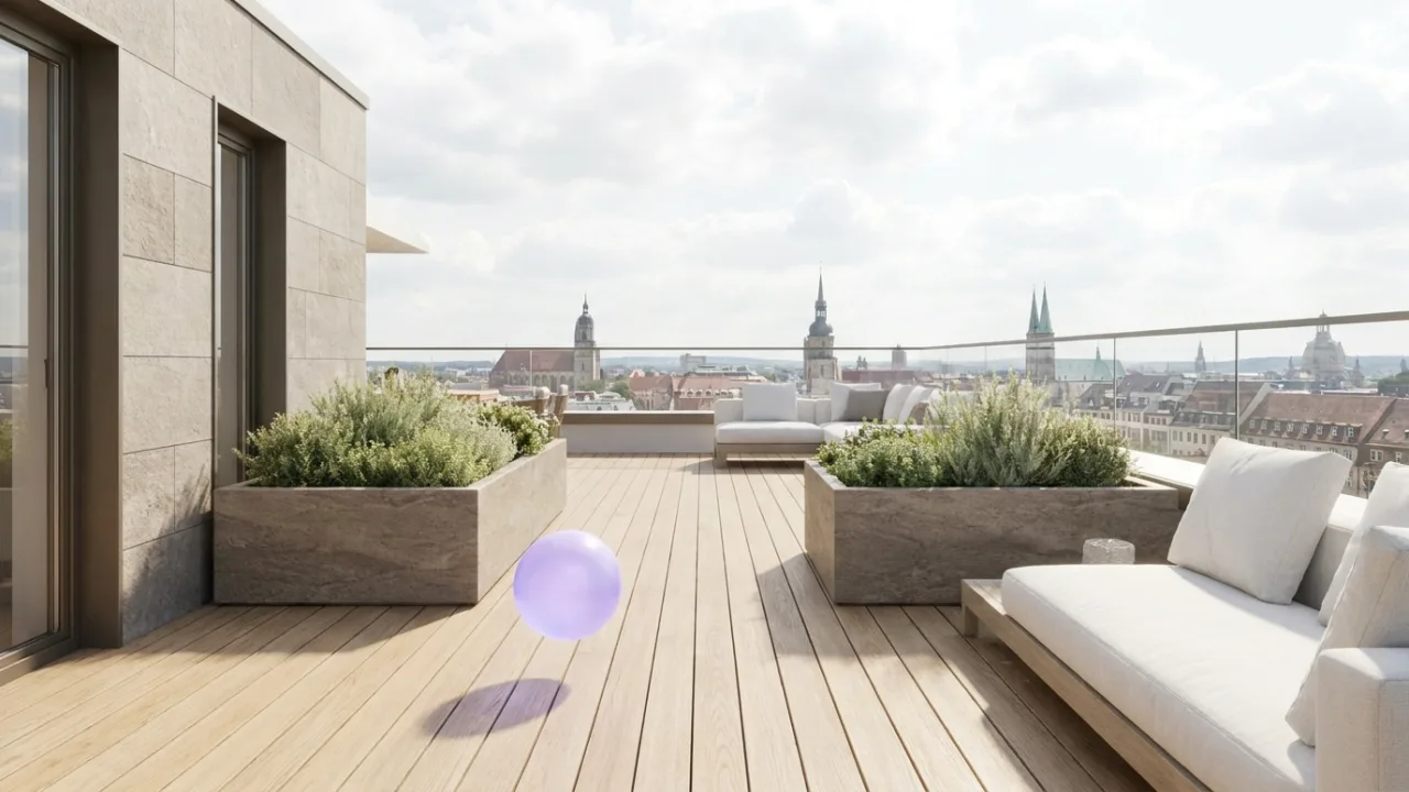 ein Flachdach-Bungalow mit Garten mit schwebendem lila Lichtpunkt, Symbol für KI im Immobilienbüro