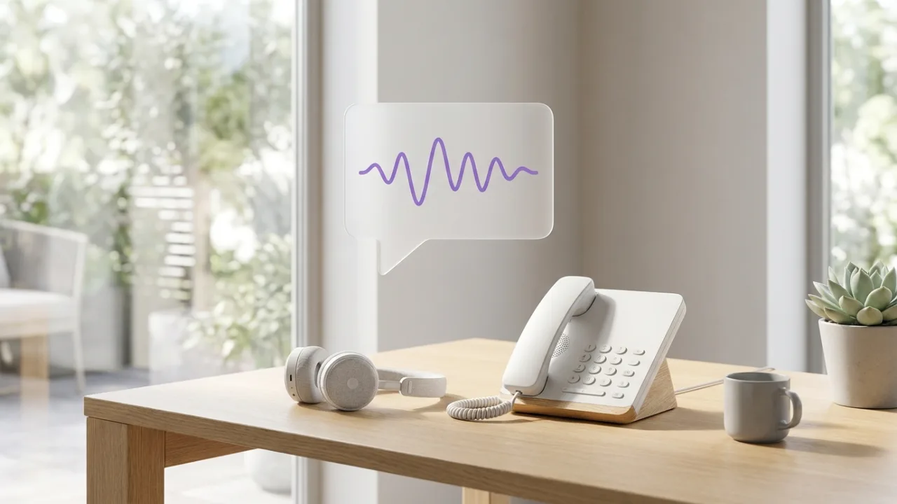 Telefon und Headset auf einem Schreibtisch mit schwebender Sprechblase, Symbol für KI-Telefonassistenz