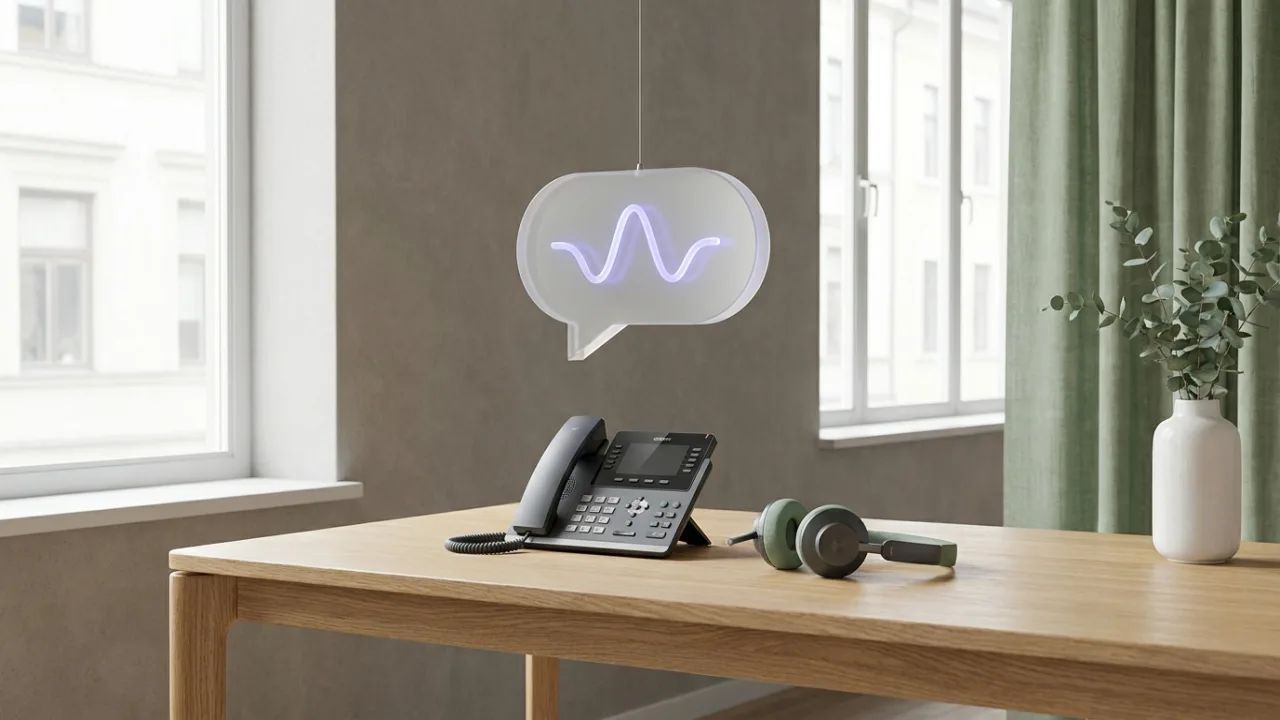 Telefon und Headset auf einem Schreibtisch mit schwebender Sprechblase, Symbol für KI-Telefonassistenz