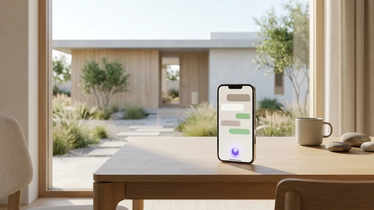 Smartphone mit KI-Chat auf einem Schreibtisch, im Hintergrund unscharf ein Flachdach-Bungalow mit Garten