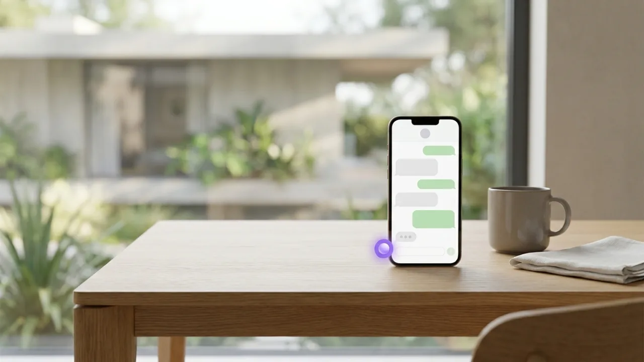 Smartphone mit KI-Chat auf einem Schreibtisch, im Hintergrund unscharf ein saniertes Altbau-Mehrfamilienhaus