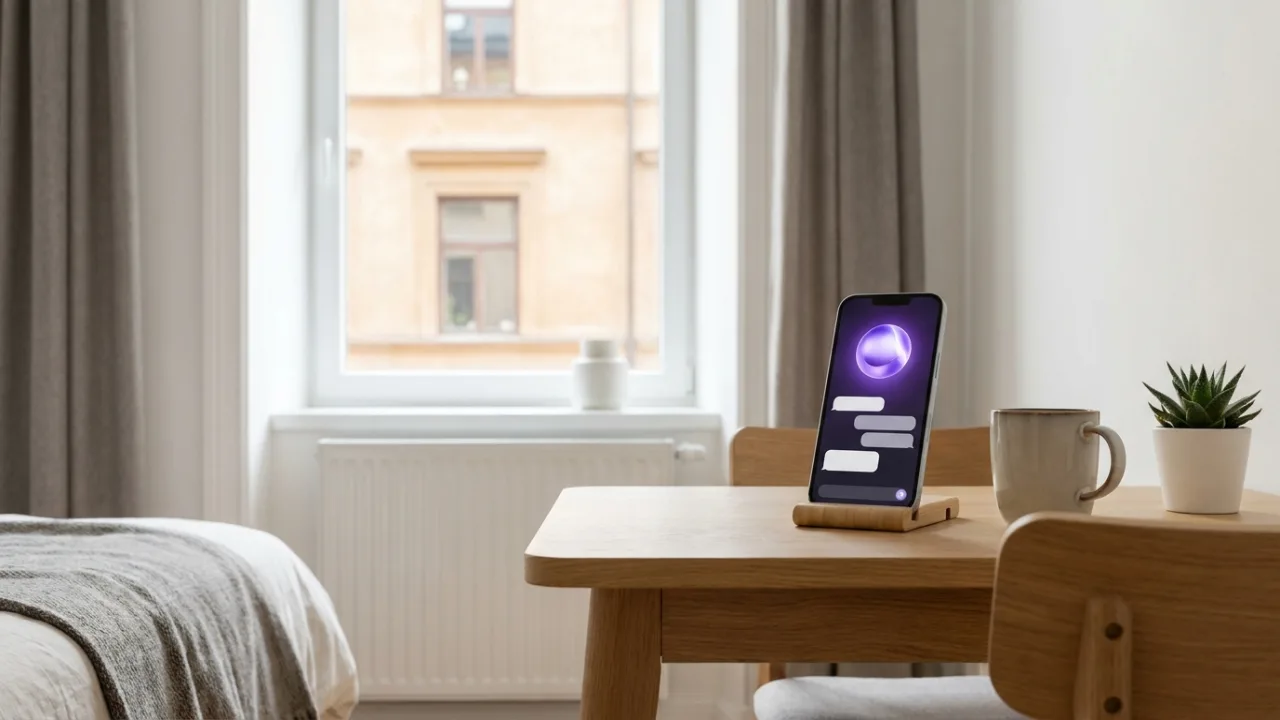 Smartphone mit KI-Chat auf einem Schreibtisch, im Hintergrund unscharf ein saniertes Altbau-Mehrfamilienhaus