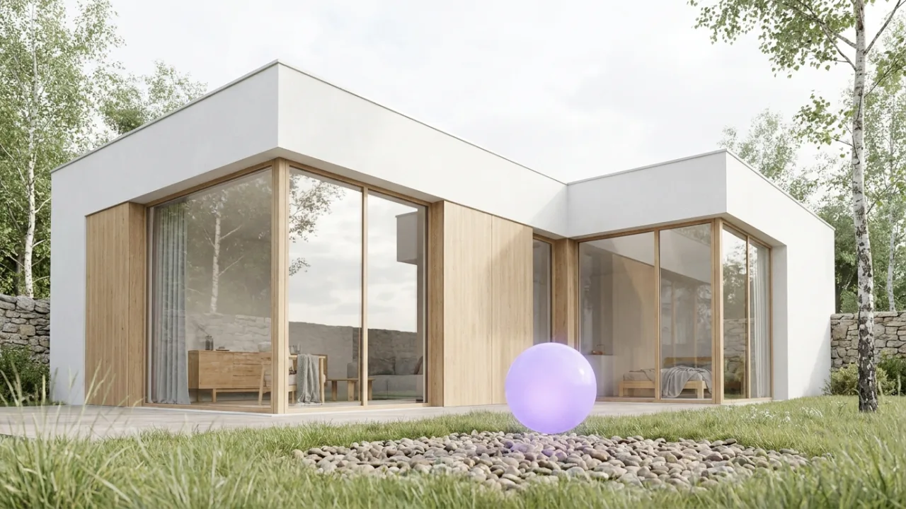 eine Villa aus Holz und Glas mit schwebendem lila Lichtpunkt, Symbol für KI im Immobilienbüro