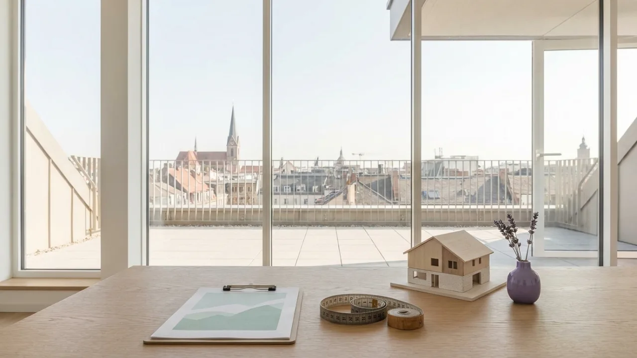 Klemmbrett mit Diagramm, Maßband und Modellhaus auf einem Schreibtisch, Symbol für Immobilienbewertung
