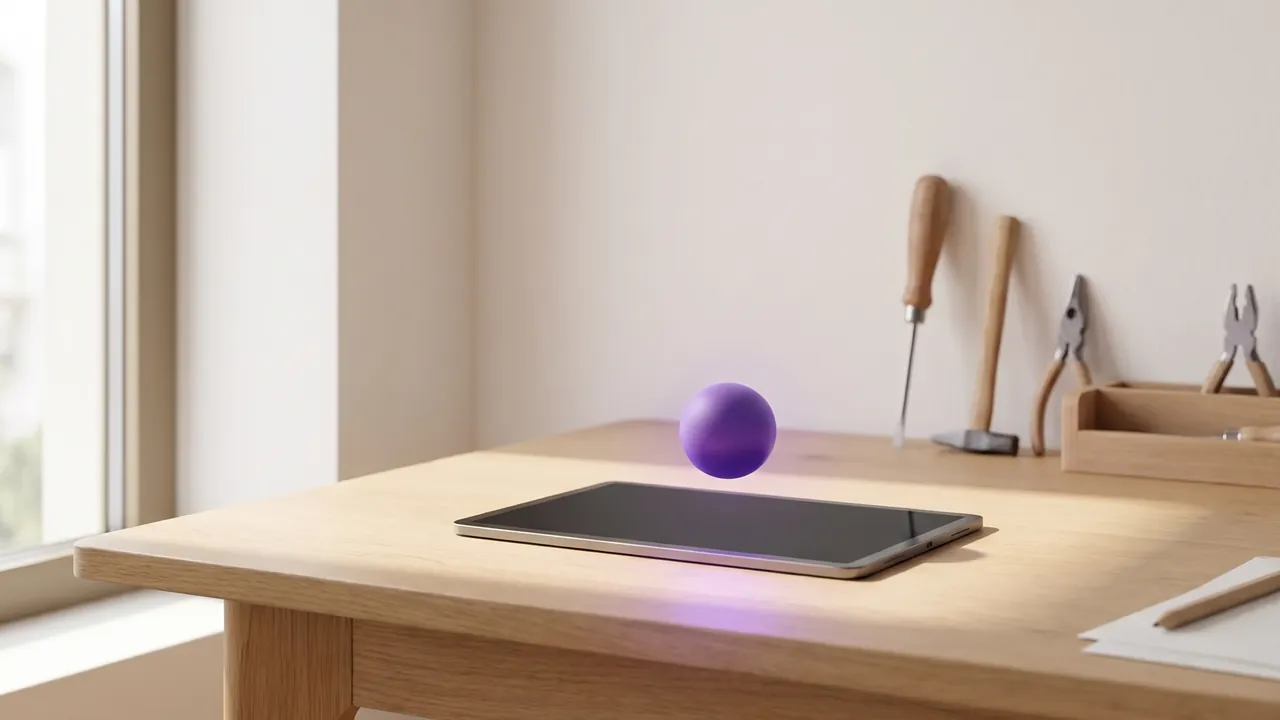 Tablet auf einem Holztisch mit einer schwebenden lila Lichtkugel, im Hintergrund Werkzeug, Symbol für KI im Handwerk