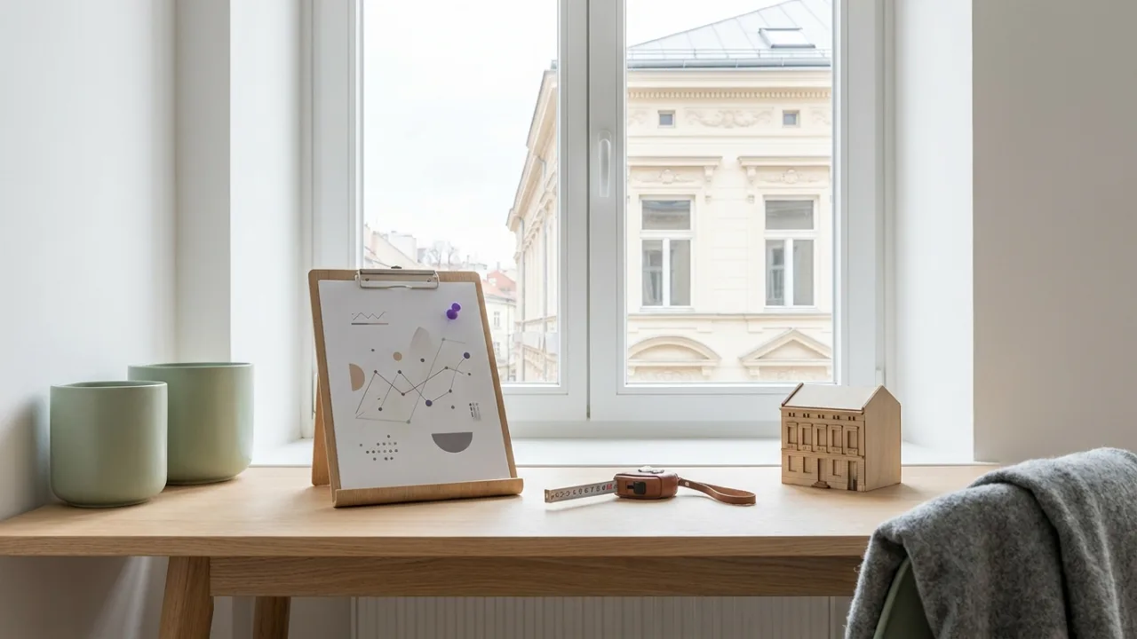 Klemmbrett mit Diagramm, Maßband und Modellhaus auf einem Schreibtisch, Symbol für Immobilienbewertung