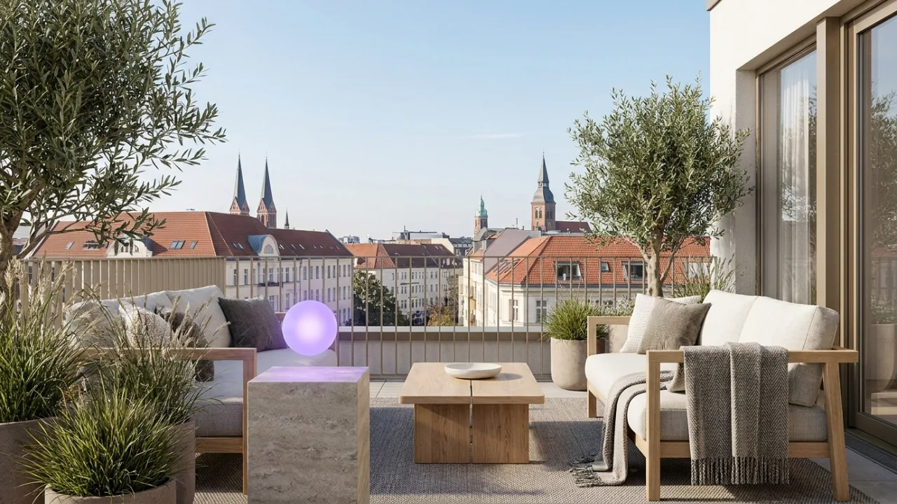 eine Penthouse-Terrasse über einer Stadt mit schwebendem lila Lichtpunkt, Symbol für KI im Immobilienbüro